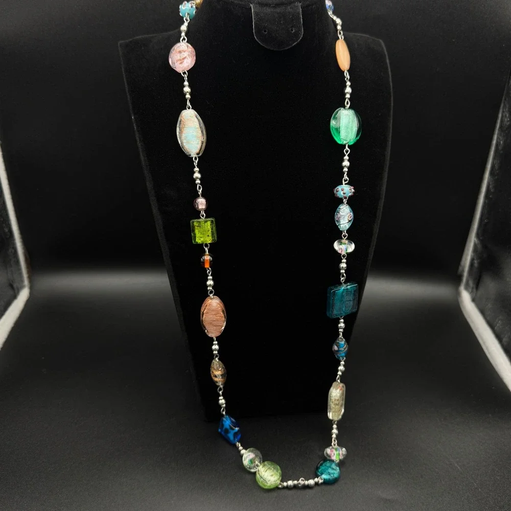 Lampwork Art Glass Bead Necklace Silver Tone Statement Premier Designs 34in 79g